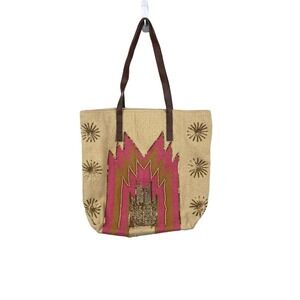 America & Beyond Embellished Embroidered Woven Tote Bag Purse Golden Haze Pink